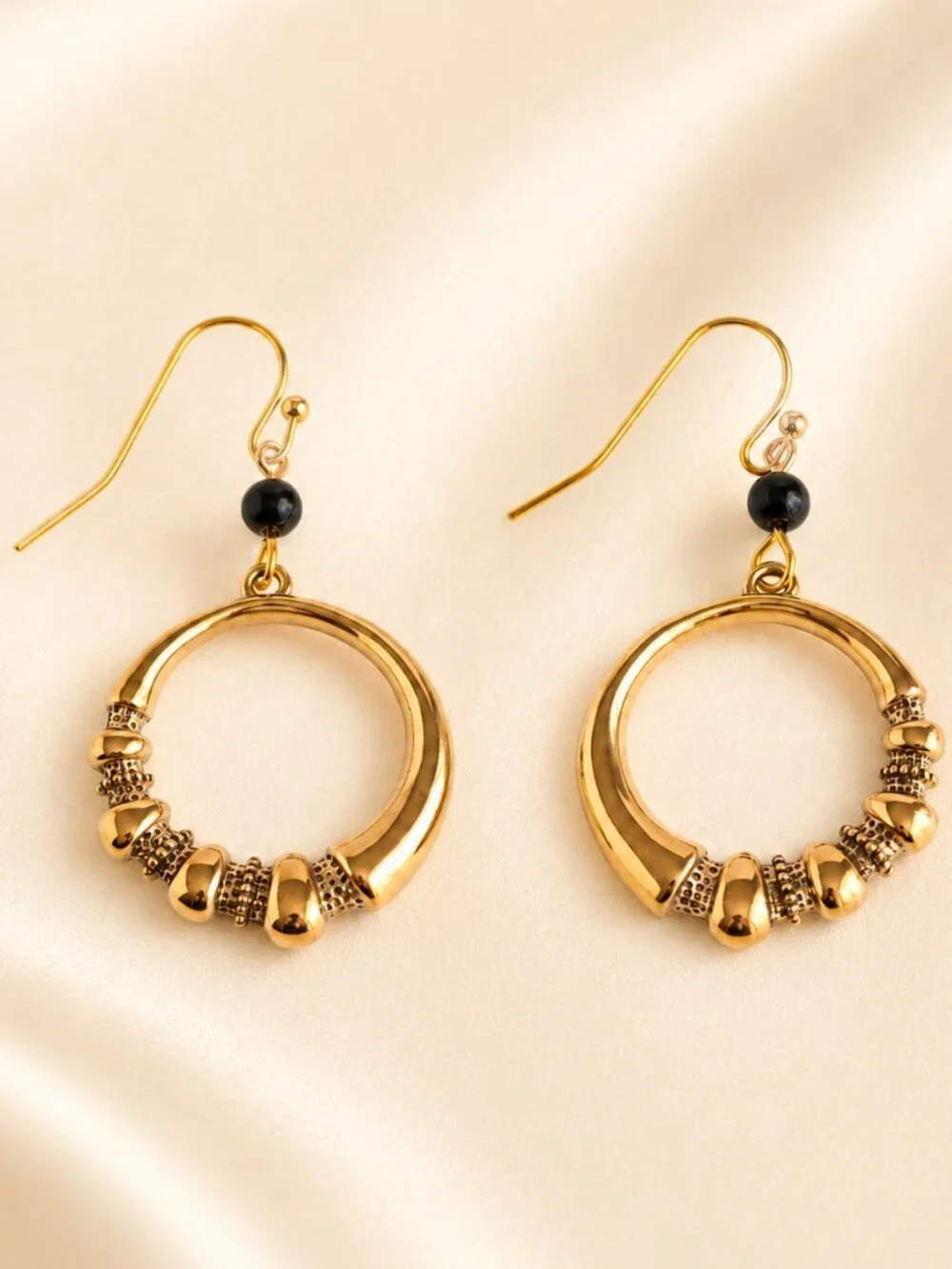 Gold Hoop Earrings With Onyx Detail Stainless Steel Large Dangle